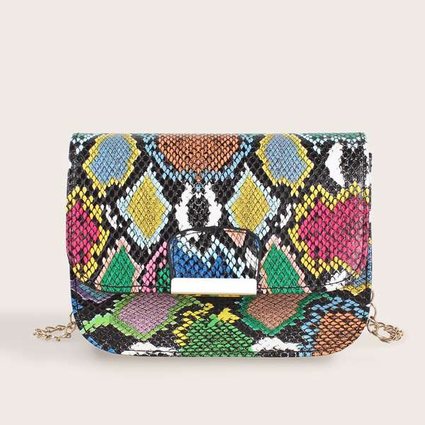 

Snakeskin Print Flap Chain Bag, Multicolor