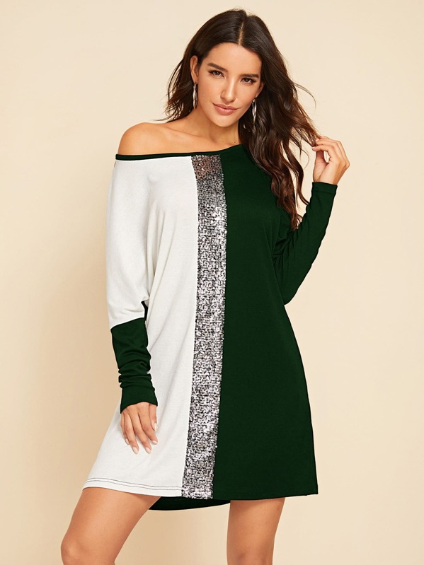 

Contrast Sequin Cut-and-sew Tee Dress, Green, Juliana