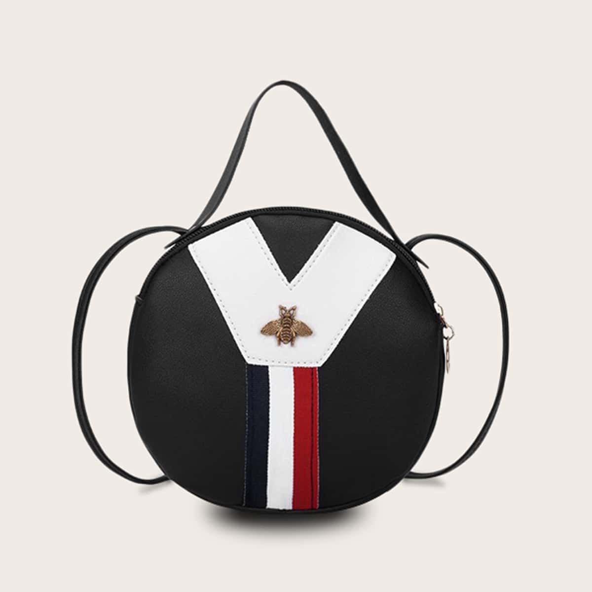 

Striped Bee Decor Satchel Bag, Black