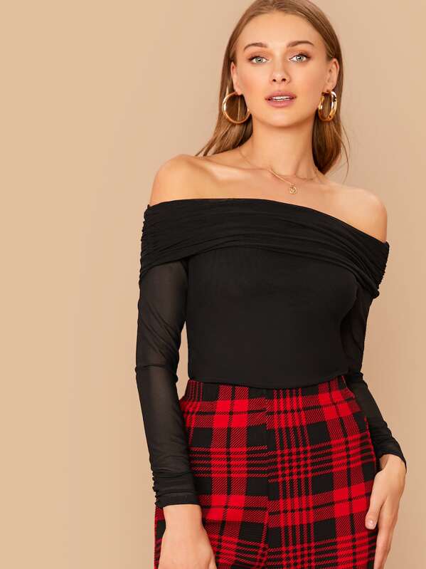 

Foldover Bardot Neck Mesh Sleeve Top, Black, MONIKA PARTYKAA
