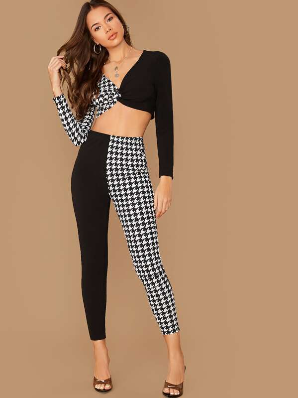 

Spliced Twist Crop Top & Leggings Set, Black and white, Juliette