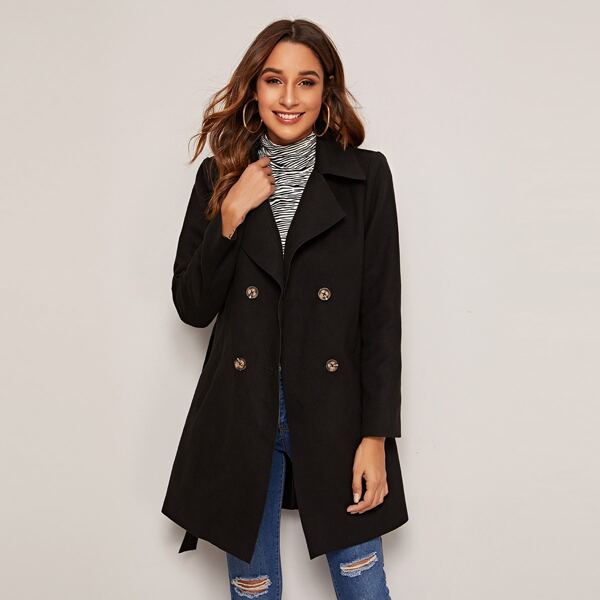 

Double Button Belted Pea Coat, Black