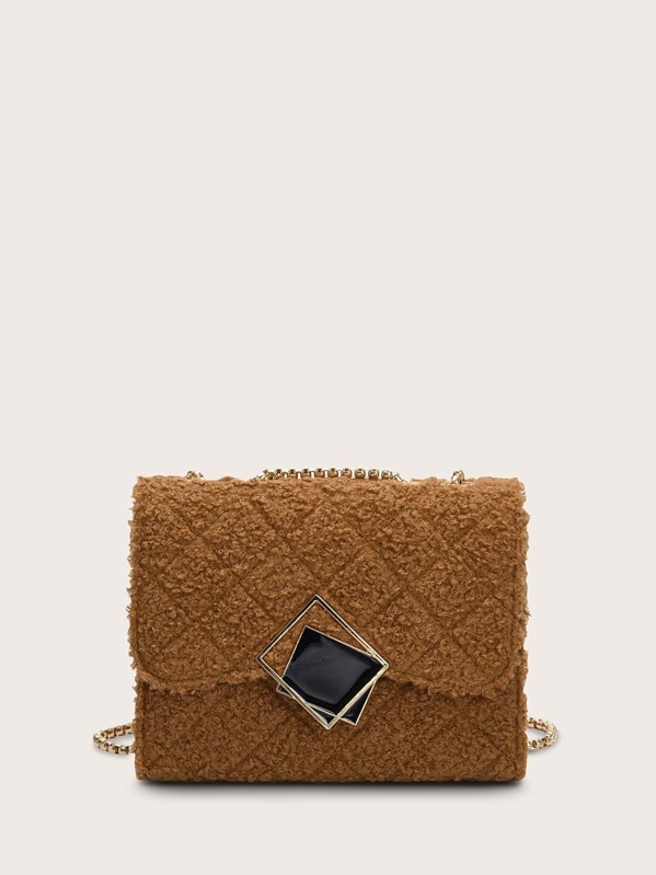 

Geometric Decor Fuzzy Chain Bag, Brown