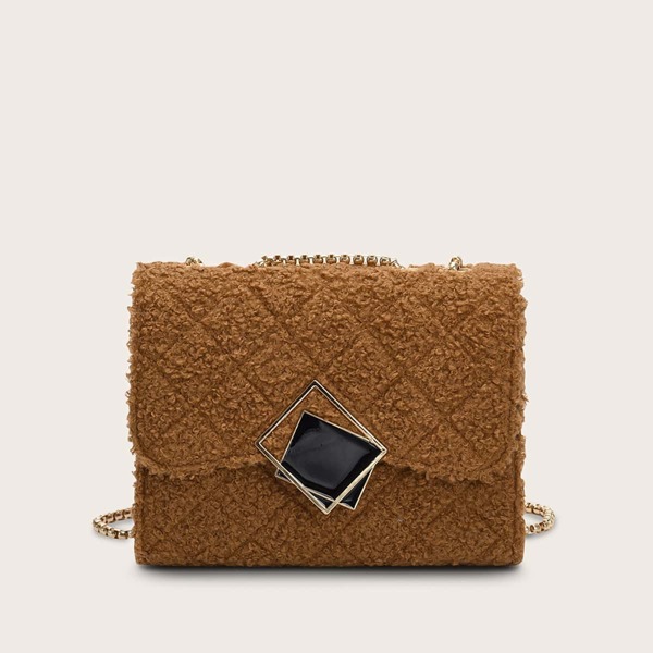 

Geometric Decor Fuzzy Chain Bag, Brown