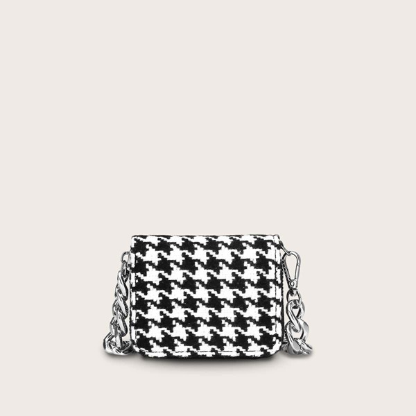 

Mini Houndstooth Zip Around Chain Bag, Black and white
