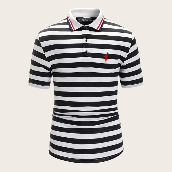 

Men Embroidered Detail Striped Polo Shirt, Black and white