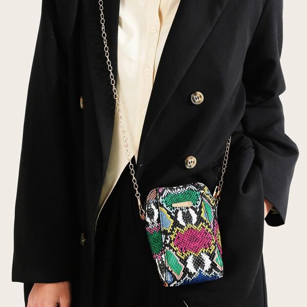 

Metal Decor Snakeskin Print Chain Bag, Multicolor