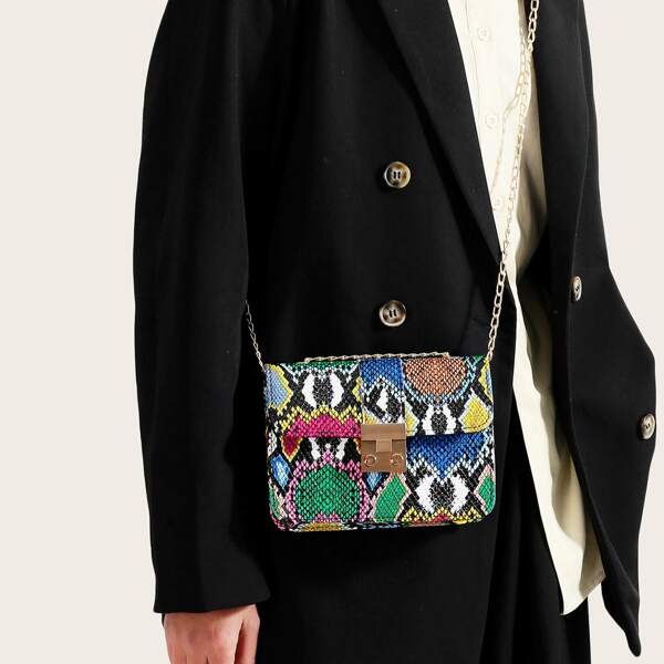 

Push Lock Snakeskin Print Chain Bag, Multicolor
