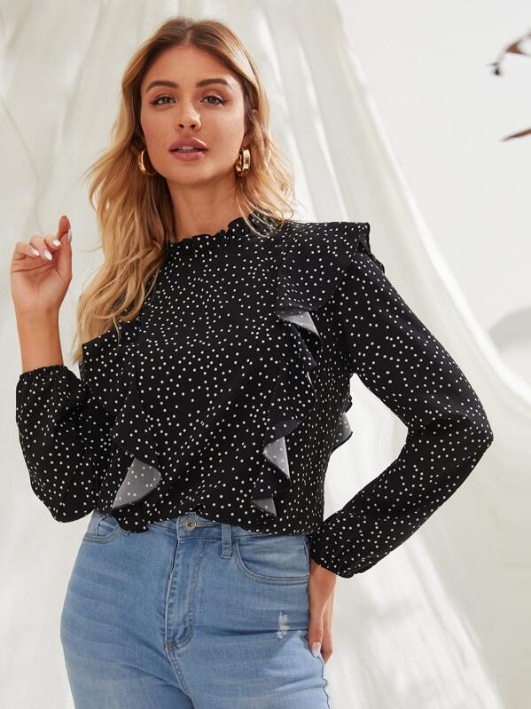 

Ruffle Trim Polka Dot Blouse, Black, Nathane