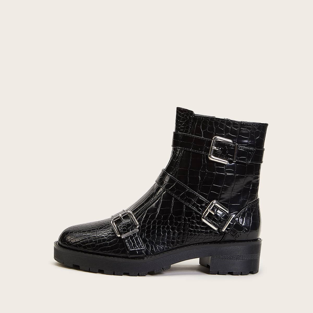 Buckle Decor Croc Side Zip Boots, Black