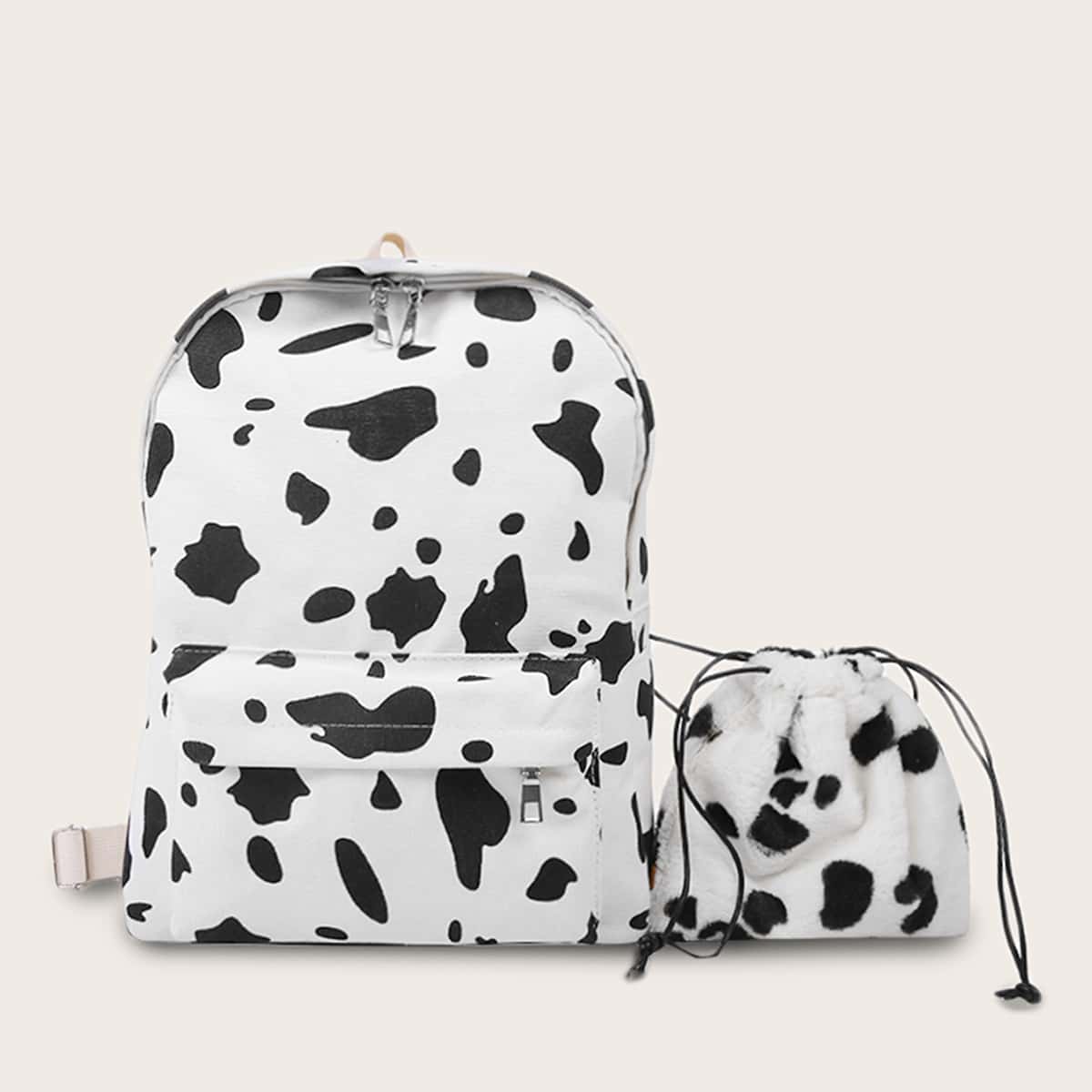 

2pcs Cow Print Bag Set, Black and white