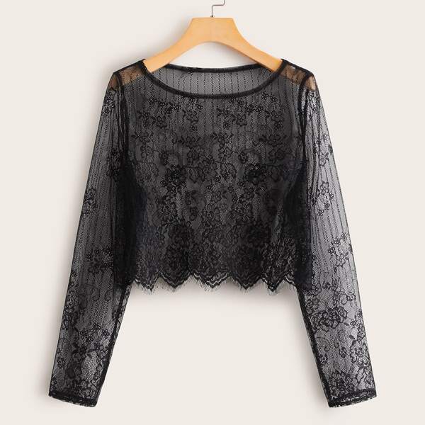 

Asymmetric Hem Sheer Mesh Top, Black