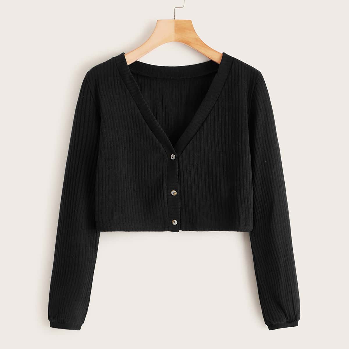 

Ribbed Knit Button Through Cardigan, Black