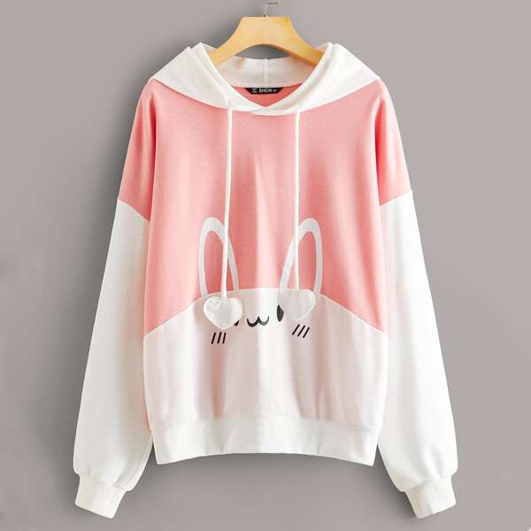 

Cartoon Print Color Block Drawstring Hoodie, Pink