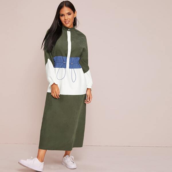 

Color Block Drawstring Waist Raglan Sleeve Dress, Army green