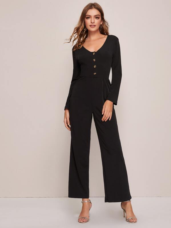 

Half Button Wide Leg Jumpsuit, Black, Luiza