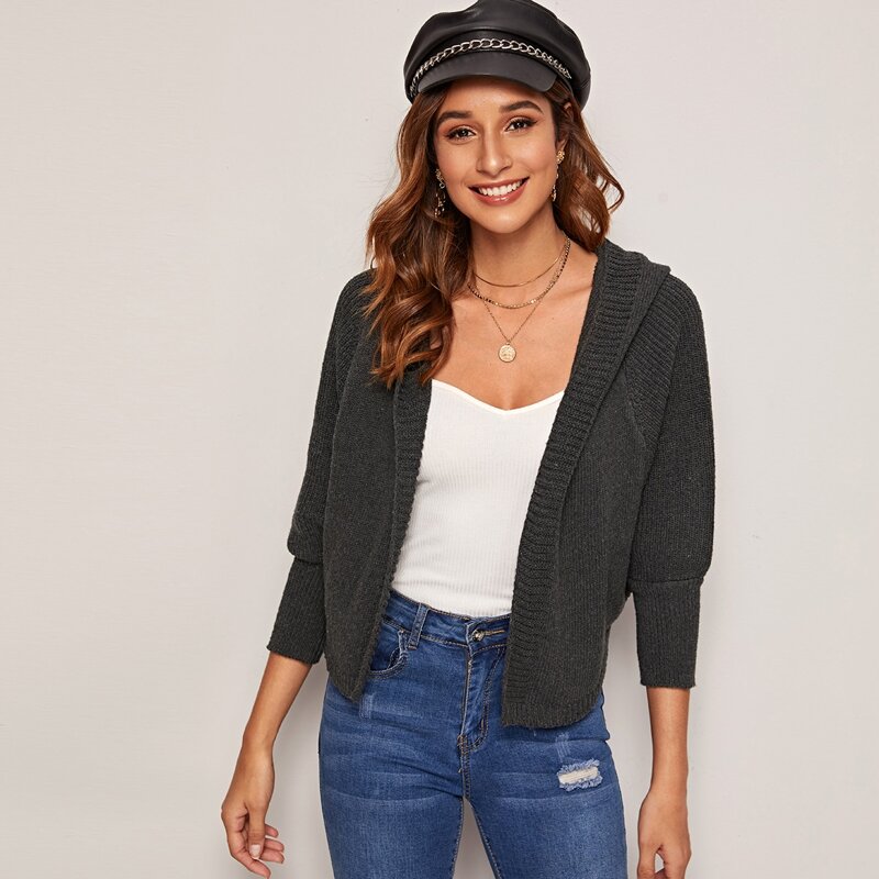 

Solid Open Front Rib-knit Hooded Cardigan, Grey