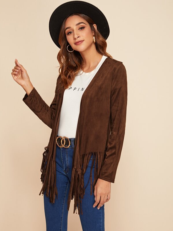 

Fringe Hem Open Front Suede Coat, Brown, Gabi