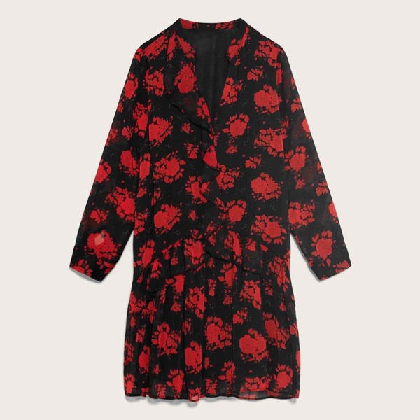 

Notched Collar Ruffle Hem Allover Print Dress, Black