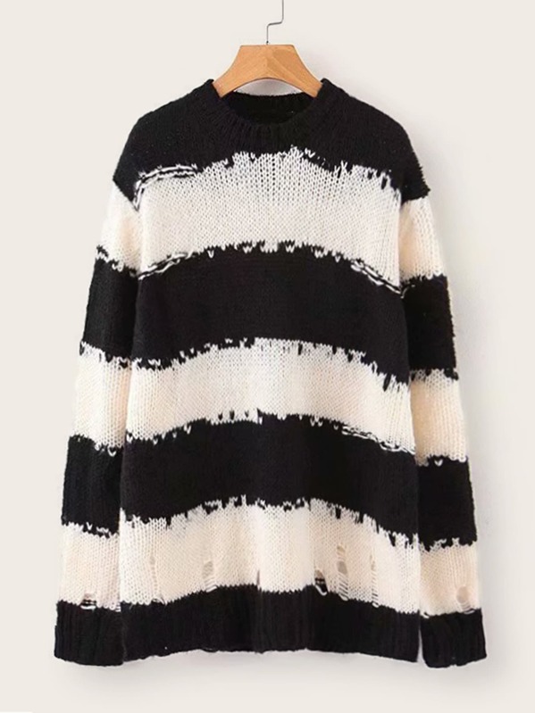 

Drop Shoulder Stripe Ripped Sweater, Black and white