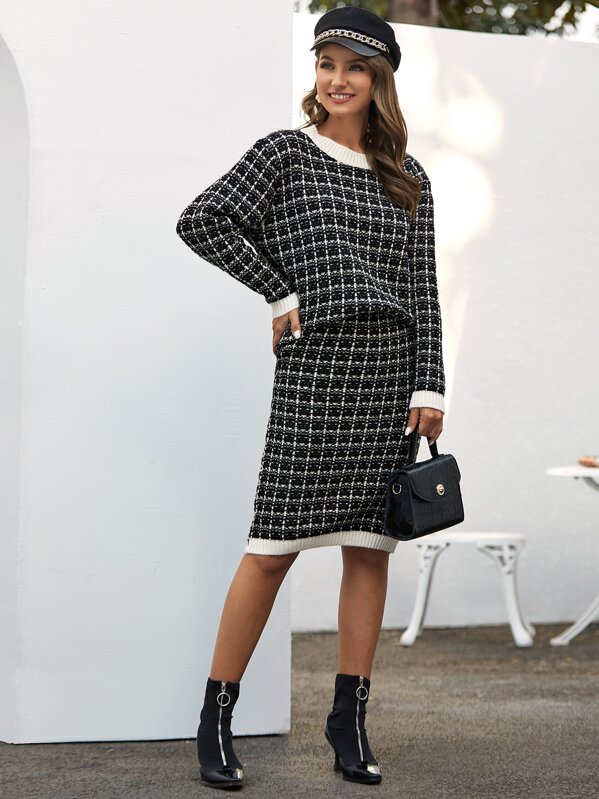 

Drop Shoulder Plaid Sweater & Midi Sweater Skirt, Black and white, Debi