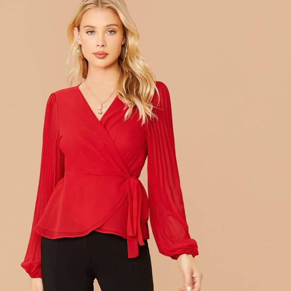 

Wrap Tie Side Pleated Lantern Sleeve Blouse, Red bright