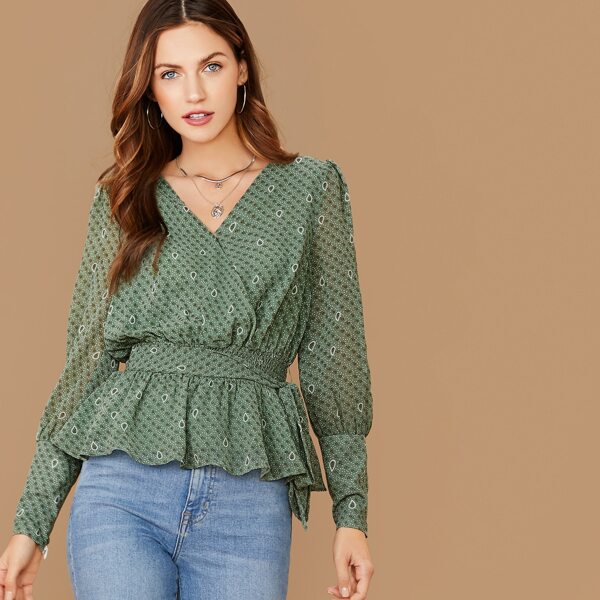 

Allover Print Shirred Waist Wrap Peplum Top, Green pastel