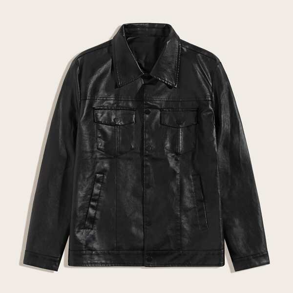 

Men Pocket Front PU Leather Jacket, Black