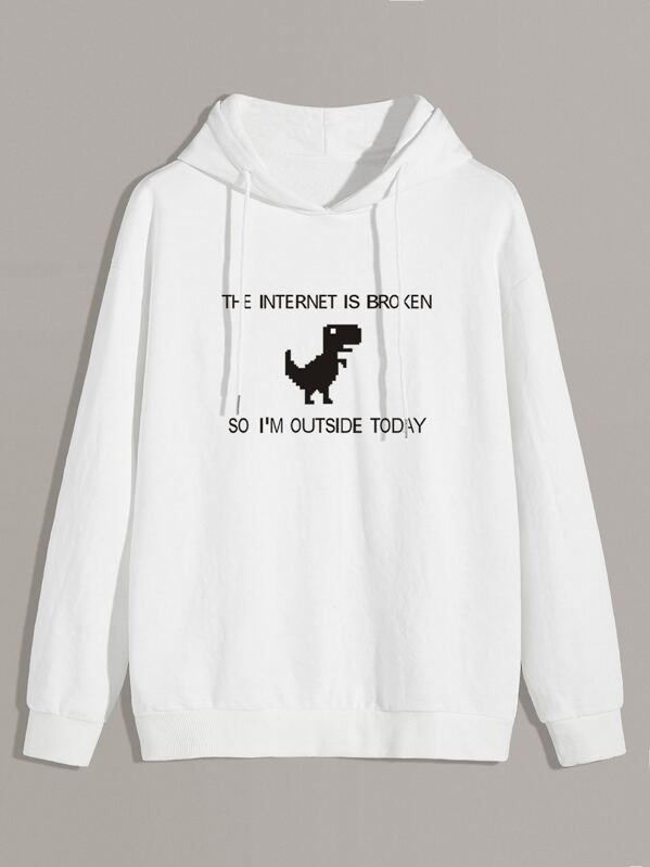 

Men Slogan & Cartoon Graphic Drawstring Hoodie, White