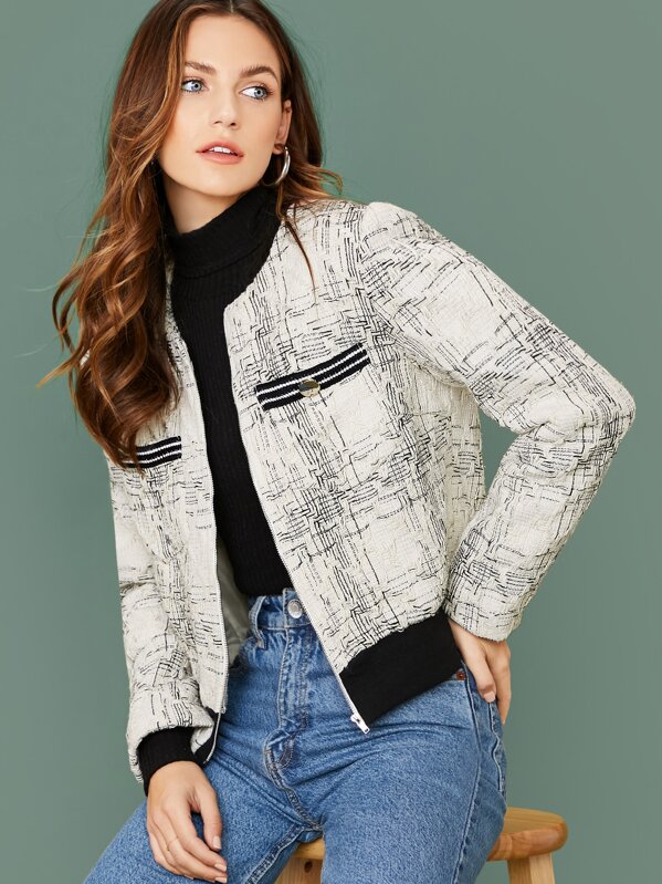 

Contrast Trim Button Detail Zip Up Tweed Jacket, Black and white, Marina Laswick