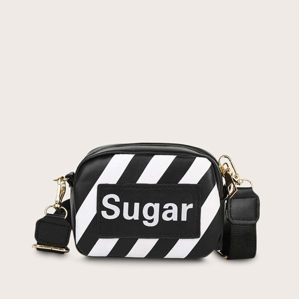

Girls Letter Graphic Striped Crossbody Bag, Black and white