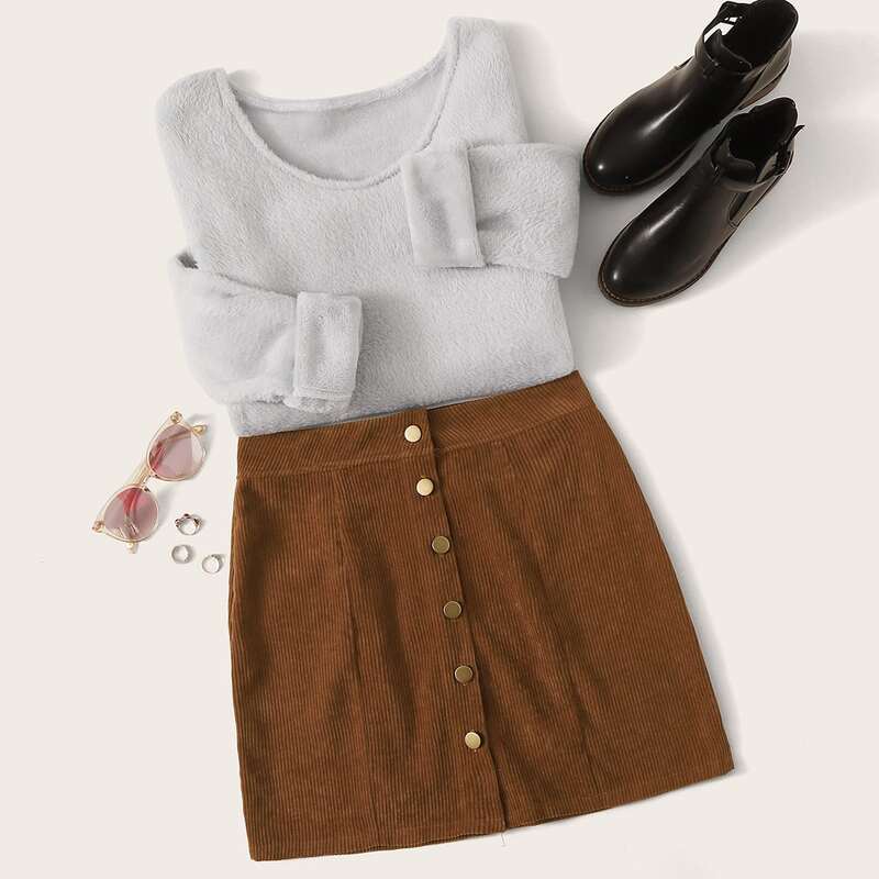 

Solid Teddy Top & Button Through Corduroy Skirt, Multicolor