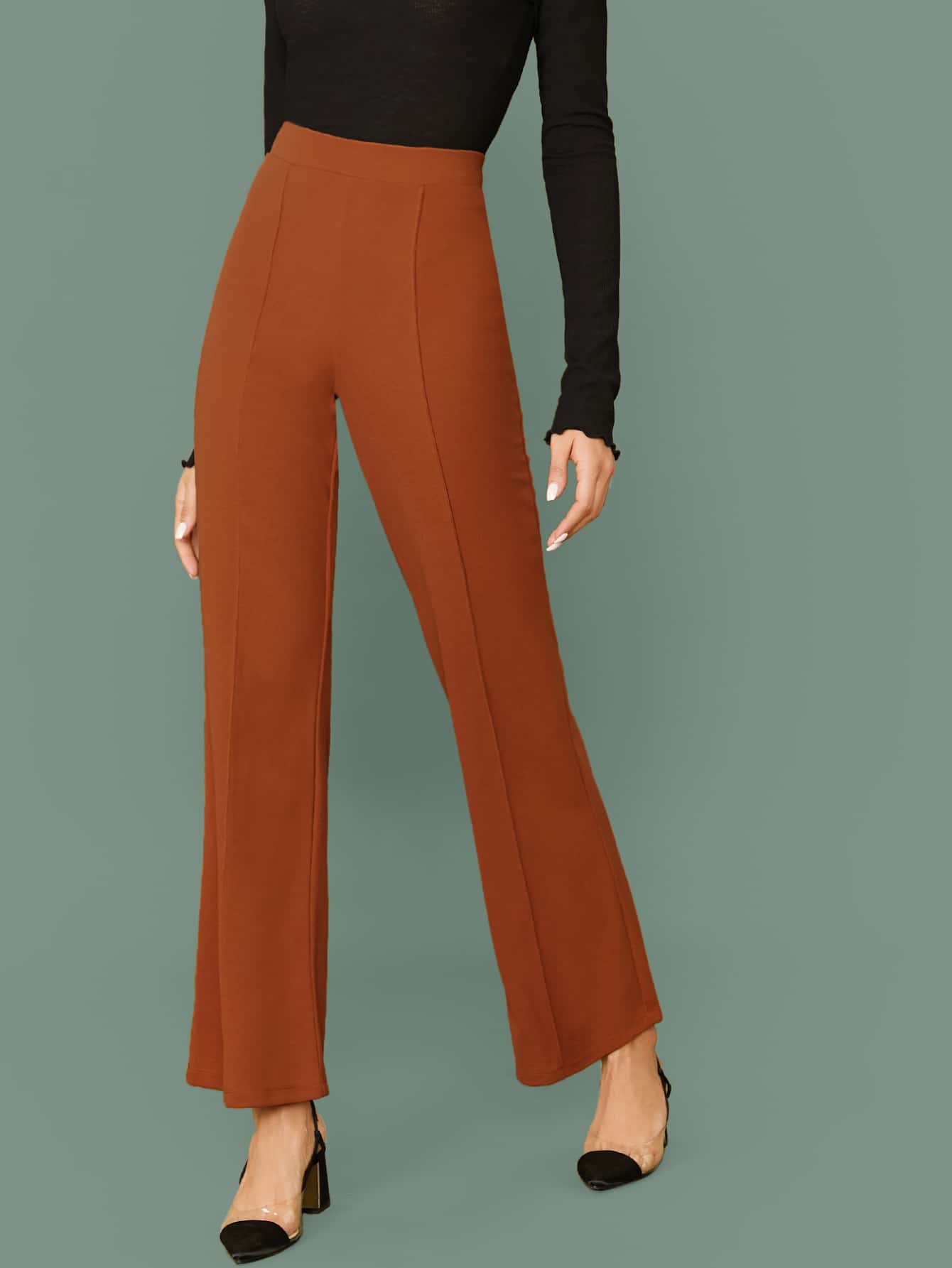 SHEIN Privé Flare Leg Solid Pants - Rust Brown - View 1