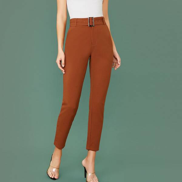 

Buckle Belted Slant Pocket Pants, Brown