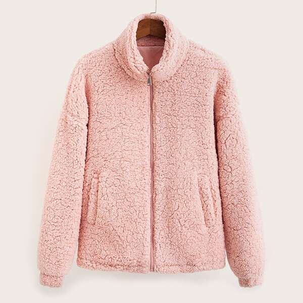

Funnel Neck Faux Fur Coat, Pink