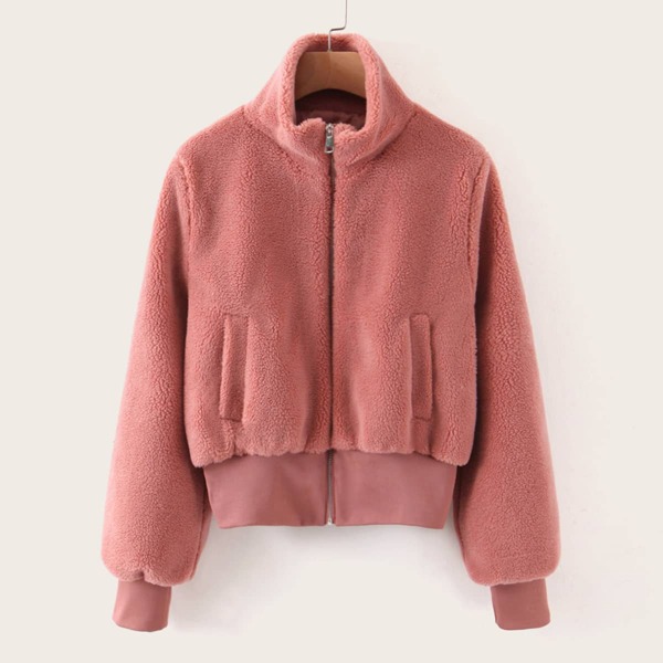 

Funnel Neck Zip Up Teddy Jacket, Pink