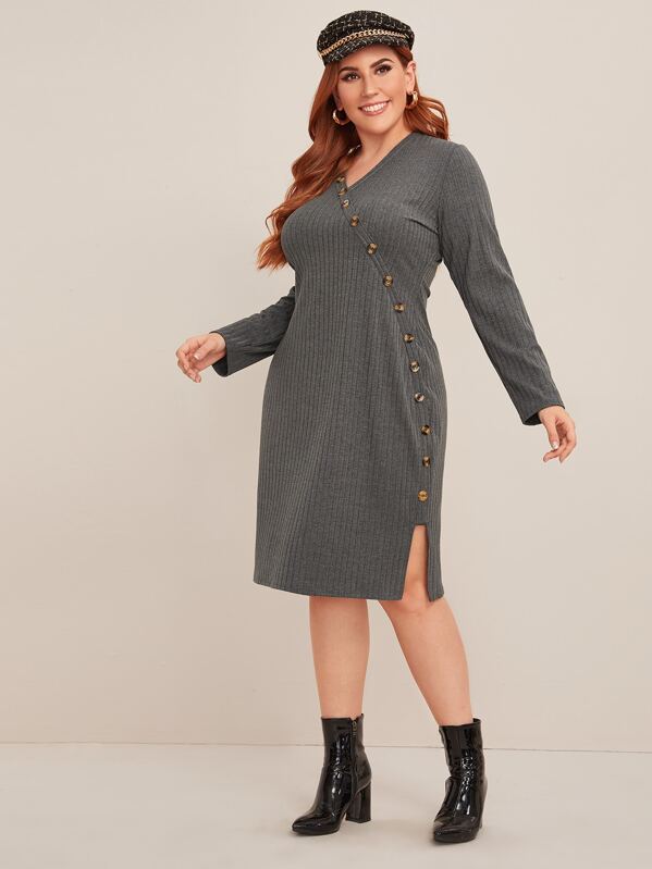 

Plus Button Through Ribbed Knit Sweater Dress, Grey, Mafe