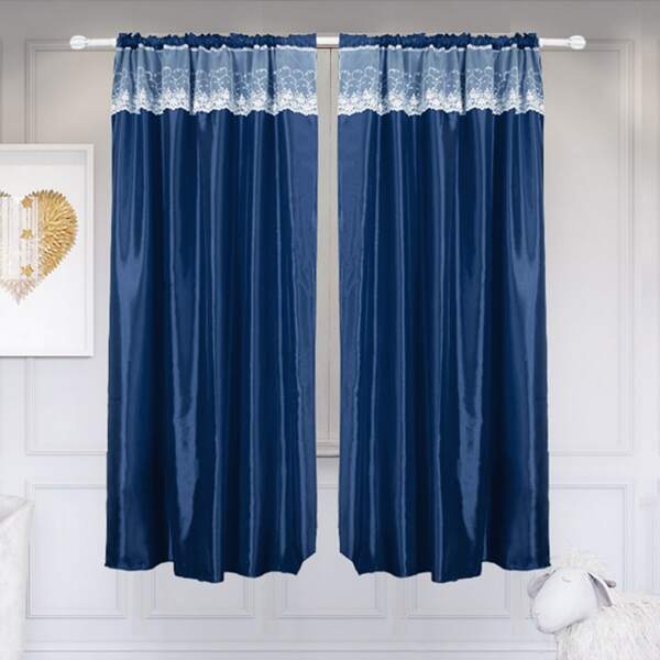 

Contrast Color Lace Trim Curtain, Navy