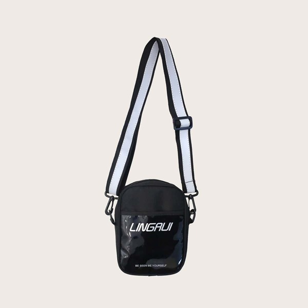 

Men Letter Graphic Wide Strap Crossbody Bag, Black