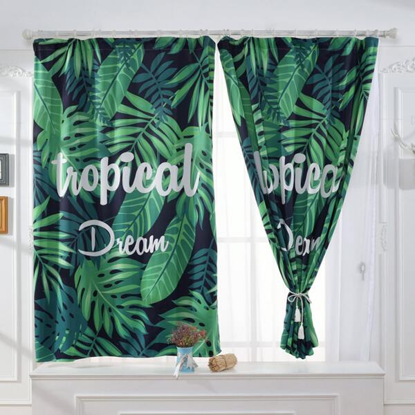 

Tropical Leaf & Slogan Print Curtain, Green