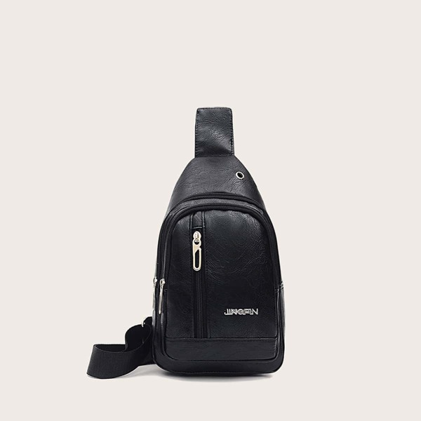 Men Metal Letter Decor Sling Bag, Black