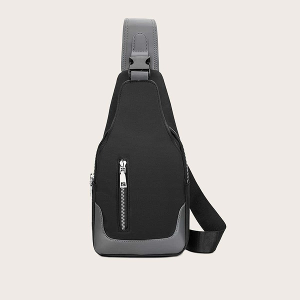 

Men Zip Front Color Block Sling Bag, Black