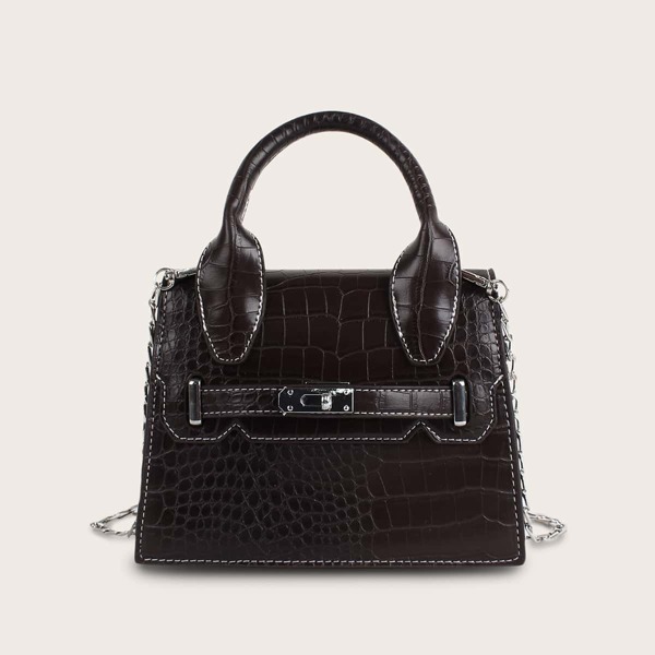 

Twist Lock Croc Embossed Satchel Bag, Brown