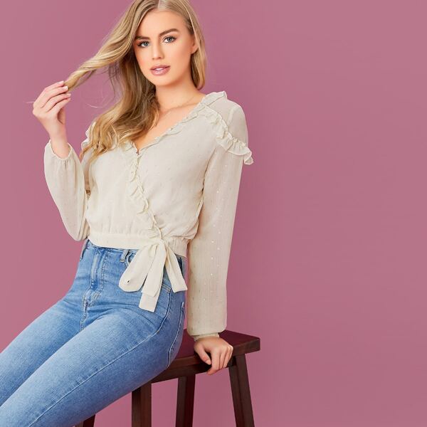 

Ruffle Metallic Polka Dot Wrap Blouse, Beige