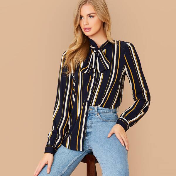 

Tie Neck Button Up Long Sleeve Stripe Shirt, Multicolor