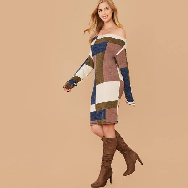 

Off Shoulder Colorblock Long Sleeve Sweater Dress, Multicolor