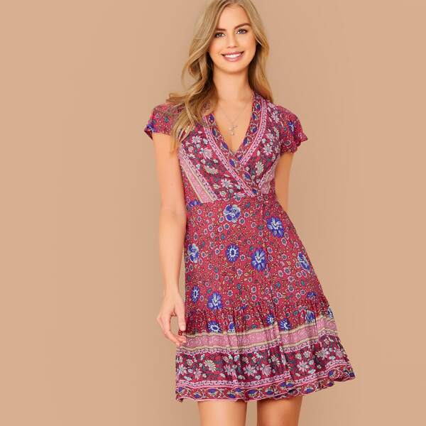 

Flutter Sleeve Floral Print Wrap Mini Dress, Multicolor