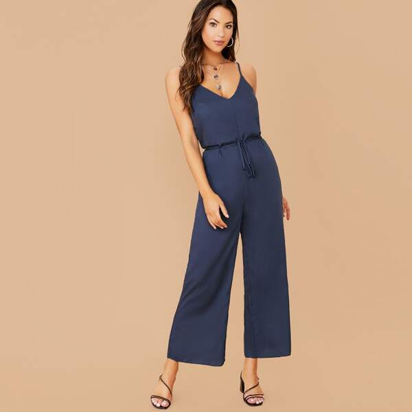

V-Neck Waist Tie Spaghetti Strap Jumpsuit, Navy