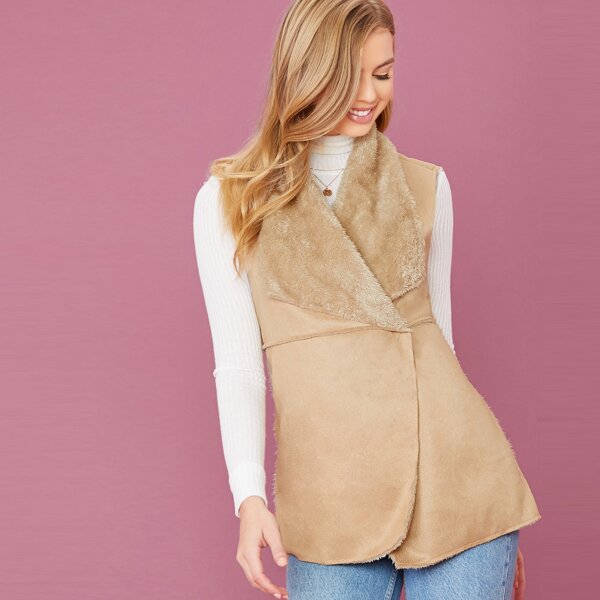 

Faux Fur Lined Faux Suede Button Front Vest, Camel