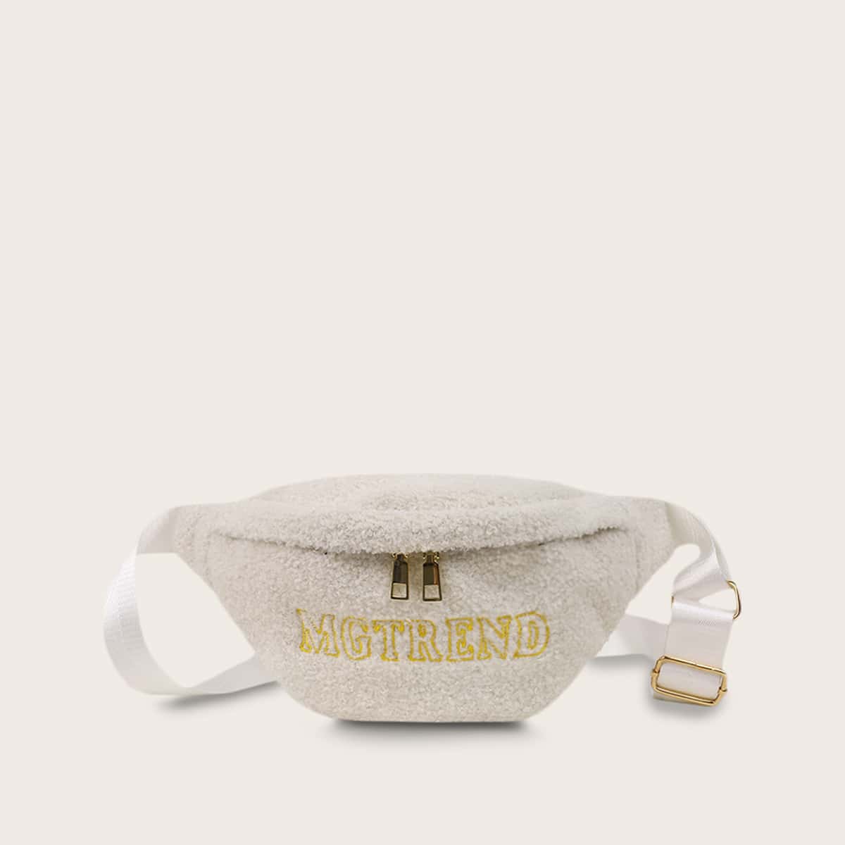 

Letter Embroidered Zip Front Fuzzy Fanny Pack, White